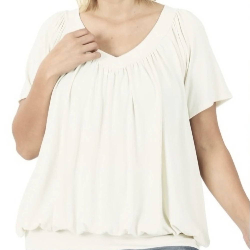 Zenana Short Sleeve Shirring Top Ivory Size 1X
